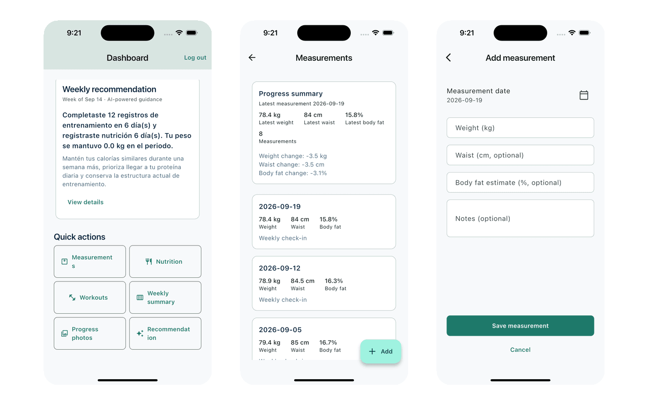 Dashboard quick actions, body measurement history and the form to log a new one