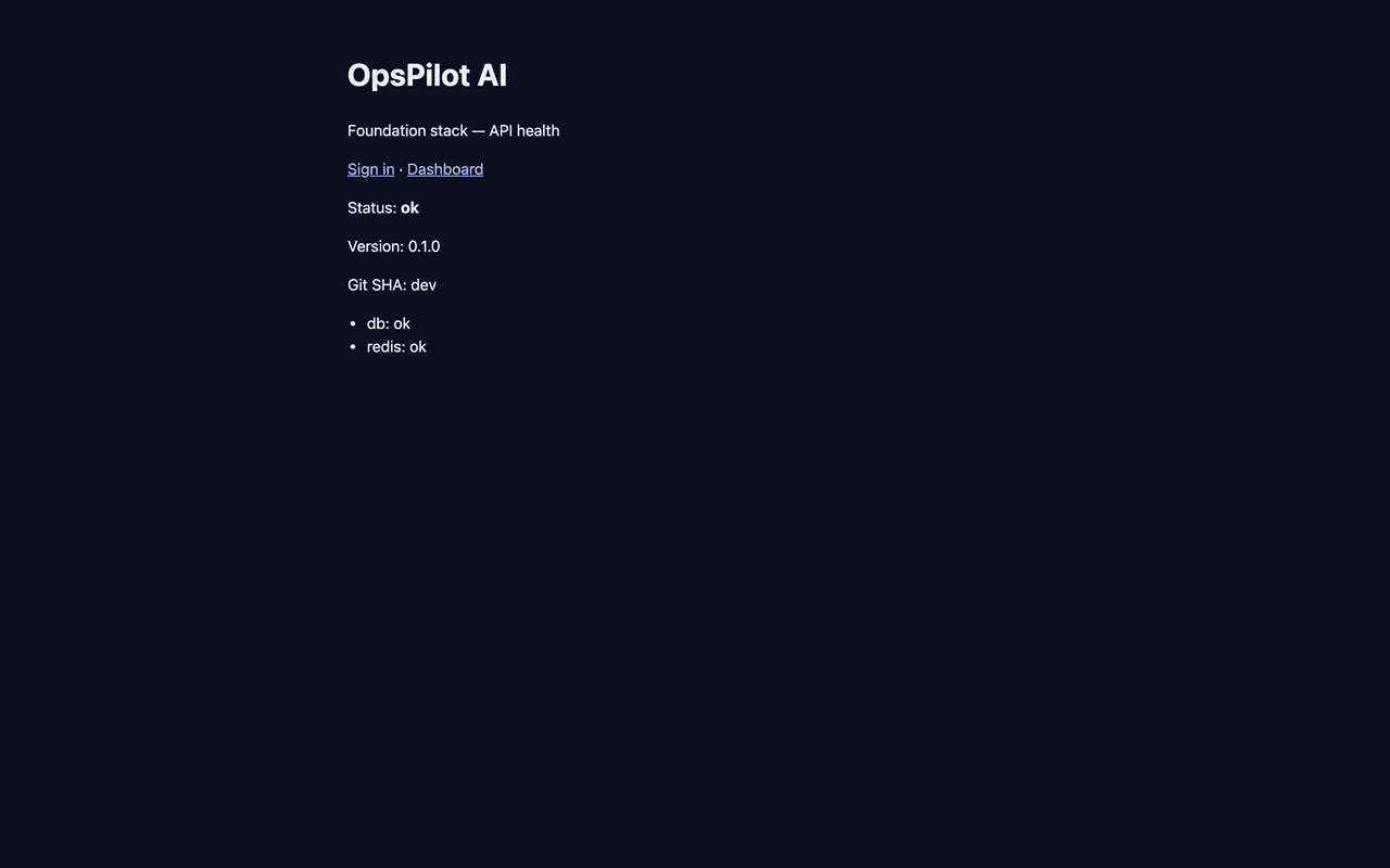 Landing page showing API, database and Redis health