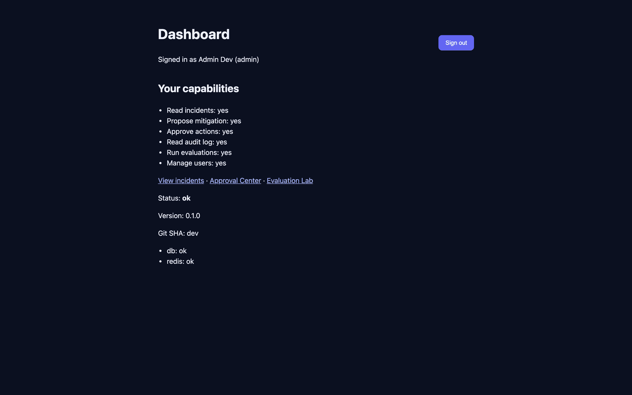 Admin dashboard listing what the role can do: read incidents, approve actions, run evaluations