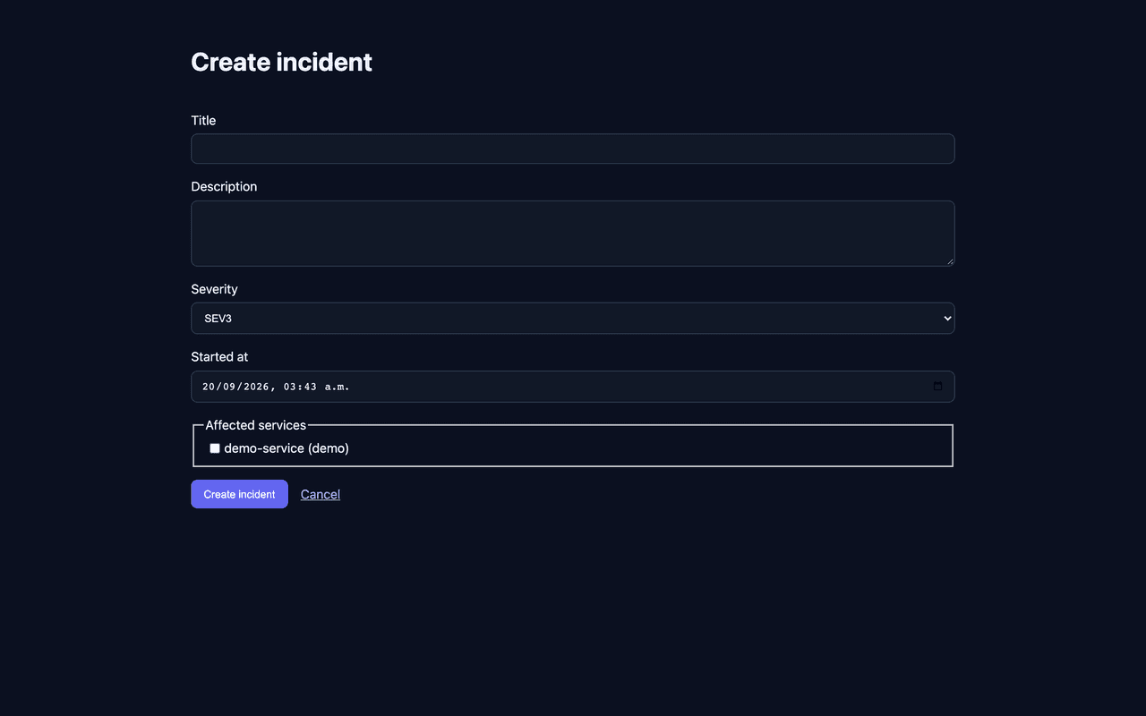 Form to open an incident: title, severity, start time and affected services